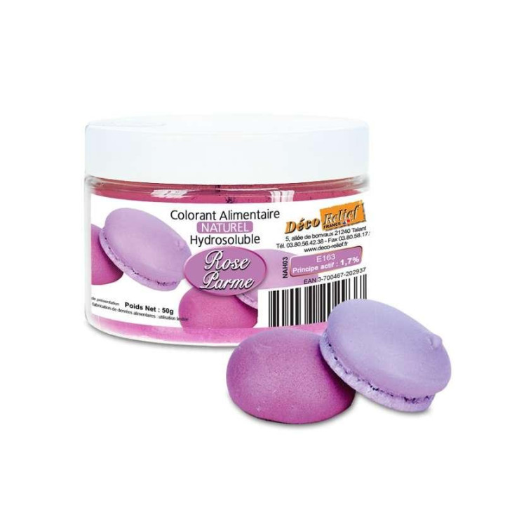 Colorant alimentaire en poudre hydrosoluble couleur rose parme intense -  Pot de 50g