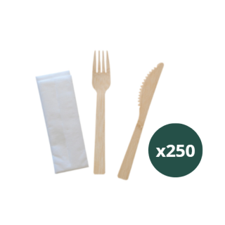 Kit couverts en bois 3 en 1 : fourchette, couteau et serviette - x250
