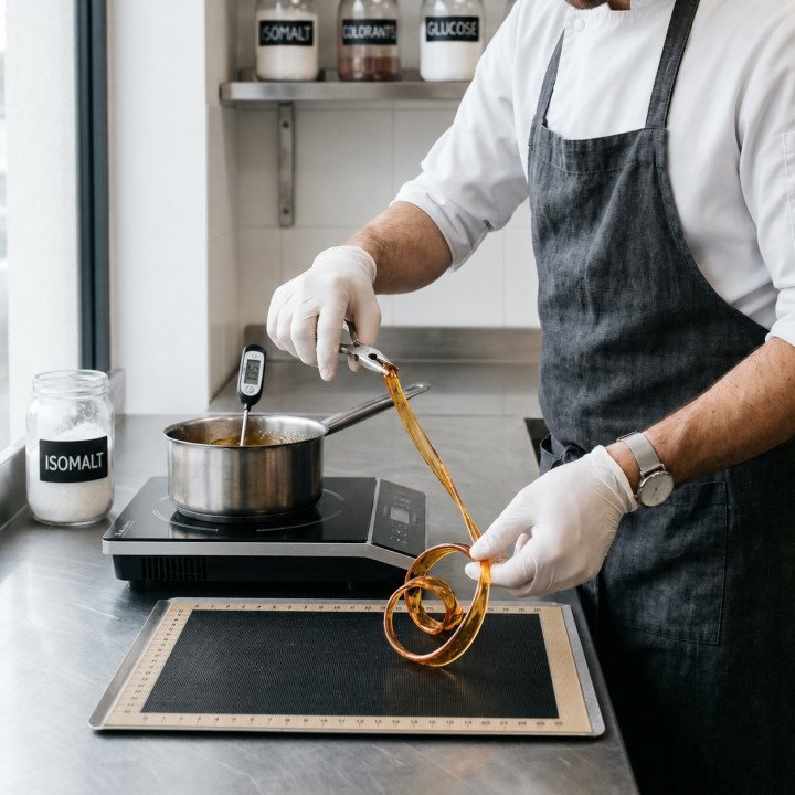 Pâtissier qui utilise le sucre isomalt dans son labo