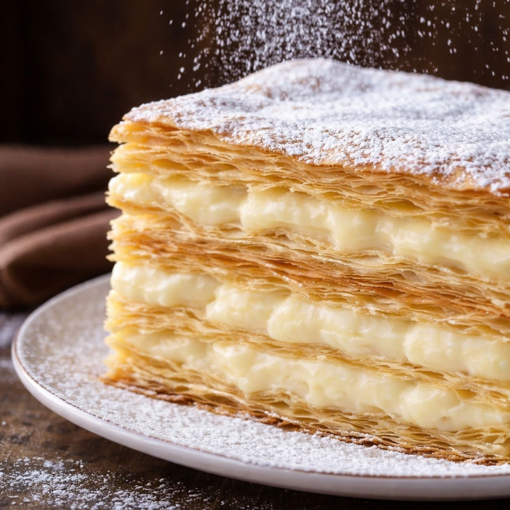 Millefeuille composé d'une pâte feuilletée et une crème pâtissière