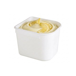 Bac plastique Serup pour les glaces présenté avec un sorbet citron d'un artisan glacier