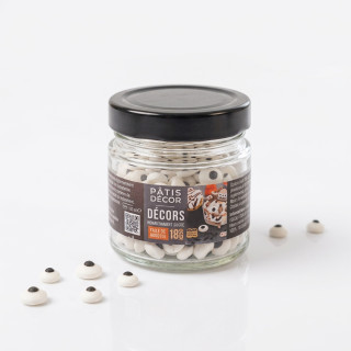 yeux en sucre, 3 tailles, présentés dans leur packaging pot en verre